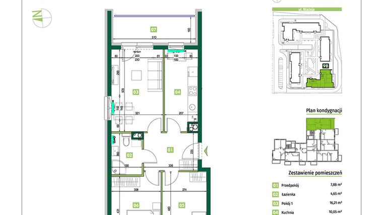Rzut - Mieszkanie na sprzedaż 3 pokoje o powierzchni 64,74 m² - numer 9B.6 w Zielona Przystań etap III