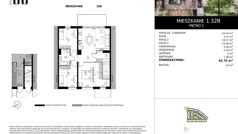 Rzut - Mieszkanie na sprzedaż 4 pokoje o powierzchni 82,58 m² - numer 1.32B w Osiedle Bo