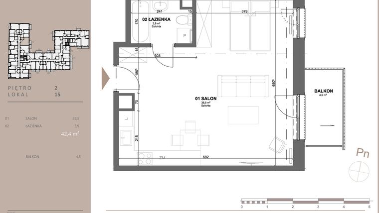 Rzut - Mieszkanie na sprzedaż 1 pokój o powierzchni 42,19 m² - numer 15 w BETWEEN