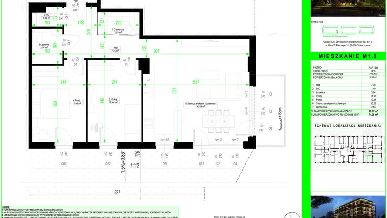 Rzut - Mieszkanie na sprzedaż 3 pokoje o powierzchni 69,92 m² - numer 1.2. w City Park Apartments
