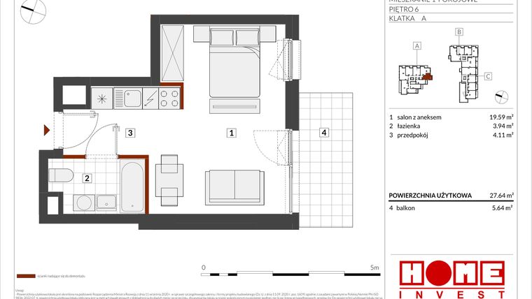 Rzut - Mieszkanie na sprzedaż 1 pokój o powierzchni 27,64 m² - numer B2-A049 w Warszawski Świt etap IX