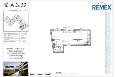 Rzut - Mieszkanie na sprzedaż 1 pokój o powierzchni 35,57 m² - numer A.3.29 w Osiedle BALTICA