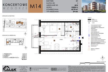 Rzut - Mieszkanie na sprzedaż 2 pokoje o powierzchni 43,7 m² - numer C1_M14 w Koncertowe Wzgórze etap II