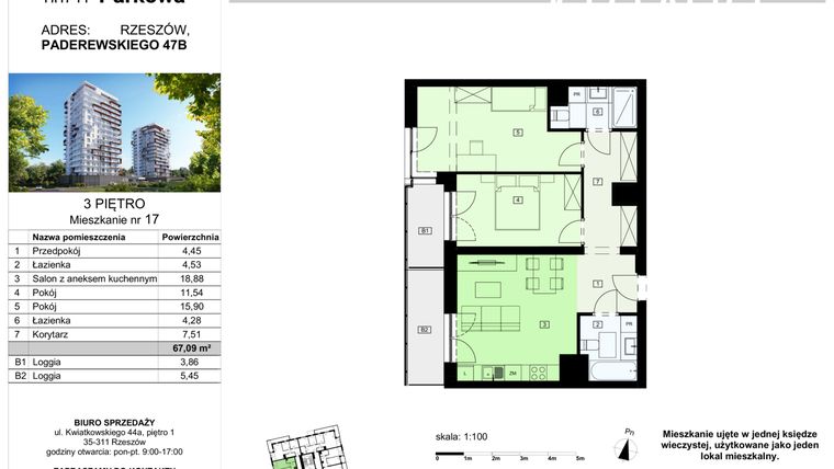 Rzut - Mieszkanie na sprzedaż 3 pokoje o powierzchni 67,09 m² - numer 17/B7 w Dzielnica Parkowa VII