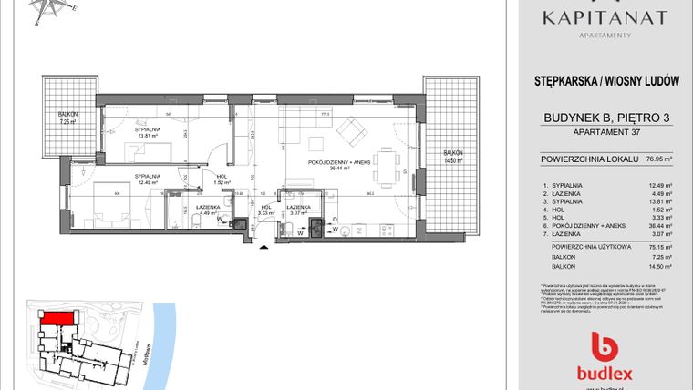 Rzut - Mieszkanie na sprzedaż 3 pokoje o powierzchni 76,95 m² - numer 37.B w Kapitanat Apartamenty
