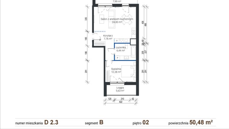 Rzut - Mieszkanie na sprzedaż 2 pokoje o powierzchni 50,48 m² - numer D 2.3 w Nowe Zabłocie