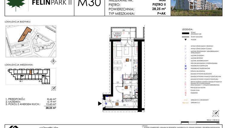 Rzut - Mieszkanie na sprzedaż 1 pokój o powierzchni 28,32 m² - numer M30 w Felin Park II etap 2