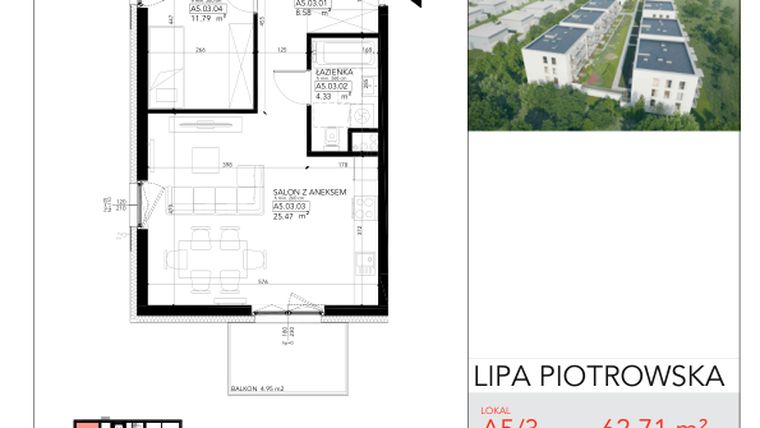 Rzut - Mieszkanie na sprzedaż 3 pokoje o powierzchni 62,71 m² - numer A5/3 w Lipa Piotrowska