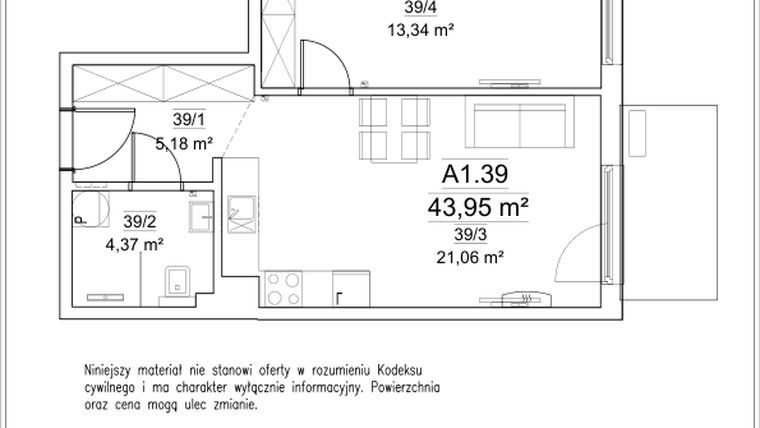 Rzut - Mieszkanie na sprzedaż 2 pokoje o powierzchni 43,95 m² - numer A1.39 w FORTnatura