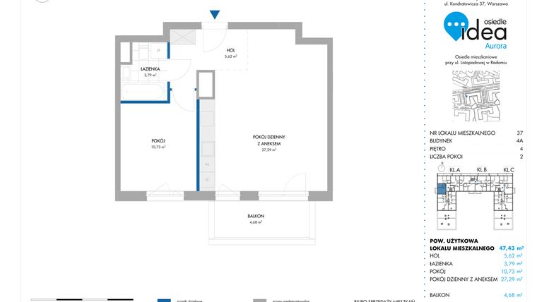 Rzut - Mieszkanie na sprzedaż 2 pokoje o powierzchni 47,43 m² - numer 37.4A w Osiedle Idea Aurora