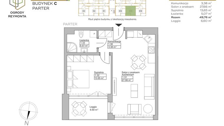Rzut - Mieszkanie na sprzedaż 2 pokoje o powierzchni 49,76 m² - numer M11 w Ogrody Reymonta