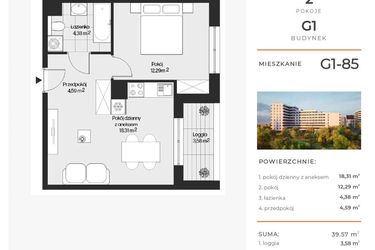 Rzut - Mieszkanie na sprzedaż 2 pokoje o powierzchni 39,57 m² - numer G1-85 w Piasta Park VI
