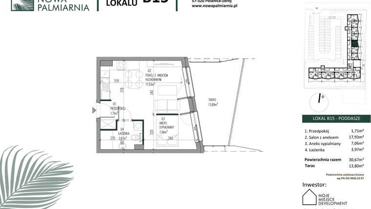 Rzut - Mieszkanie na sprzedaż 3 pokoje o powierzchni 30,67 m² - numer B15 w Nowa Palmiarnia