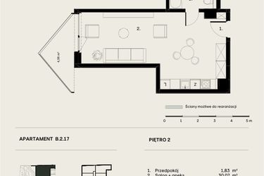 Rzut - Mieszkanie na sprzedaż 1 pokój o powierzchni 36,69 m² - numer B/2/17 w Ogrodowa 12