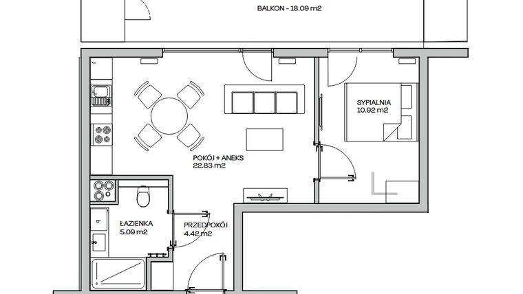 Rzut - Mieszkanie na sprzedaż 2 pokoje o powierzchni 43,26 m² - numer M10 w Zielona Marina - Apartamenty inwestycyjne