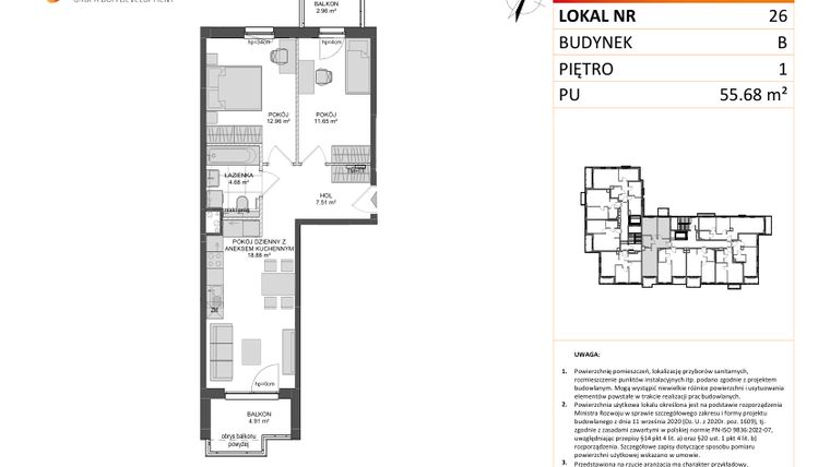 Rzut - Mieszkanie na sprzedaż 3 pokoje o powierzchni 55,68 m² - numer B.26 w Wzgórze Hoplity etap II