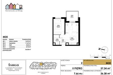 Rzut - Mieszkanie na sprzedaż 2 pokoje o powierzchni 36,38 m² - numer M35 w Kamieniczki za Strugą