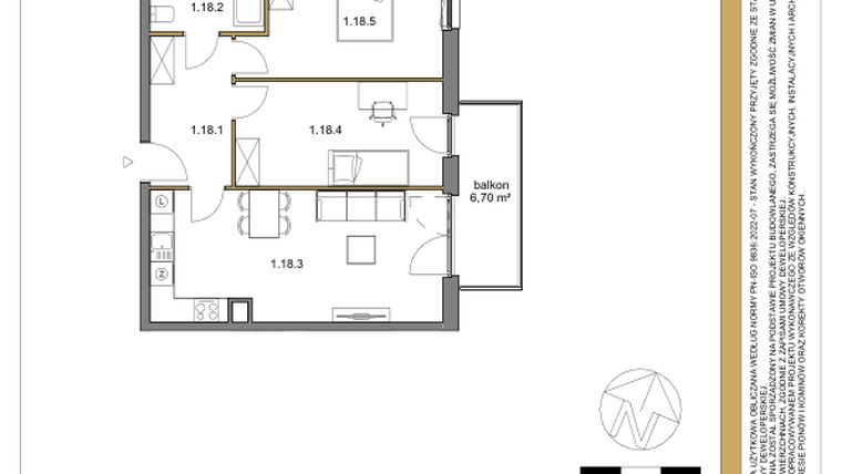 Rzut - Mieszkanie na sprzedaż 3 pokoje o powierzchni 63,6 m² - numer 18 w Osiedle Sfera etap II