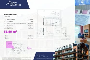 Rzut - Mieszkanie na sprzedaż 3 pokoje o powierzchni 55,89 m² - numer 15 w Novy Szczyrk
