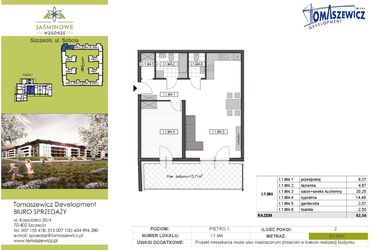 Rzut - Mieszkanie na sprzedaż 2 pokoje o powierzchni 62,54 m² - numer I1M4 w Jaśminowe Wzgórze - etap II