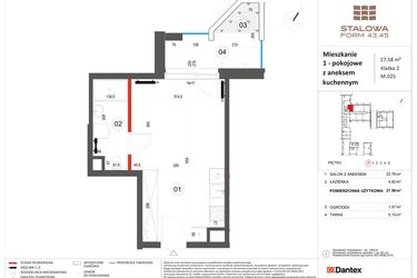 Rzut - Mieszkanie na sprzedaż 1 pokój o powierzchni 27,58 m² - numer 25 w Stalowa Form 43.45