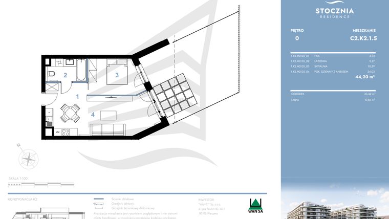 Rzut - Mieszkanie na sprzedaż 2 pokoje o powierzchni 44,2 m² - numer C2.K2.1.5 w Stocznia Residence