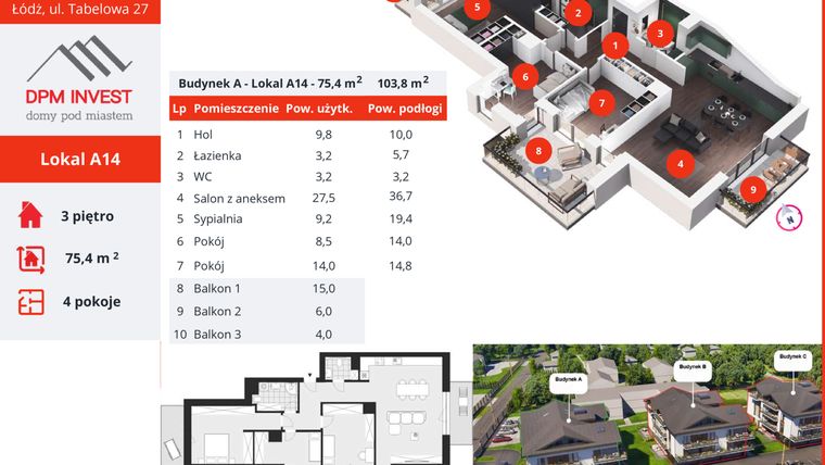 Rzut - Mieszkanie na sprzedaż 4 pokoje o powierzchni 75,4 m² - numer A14 w Apartamenty Tabelowa