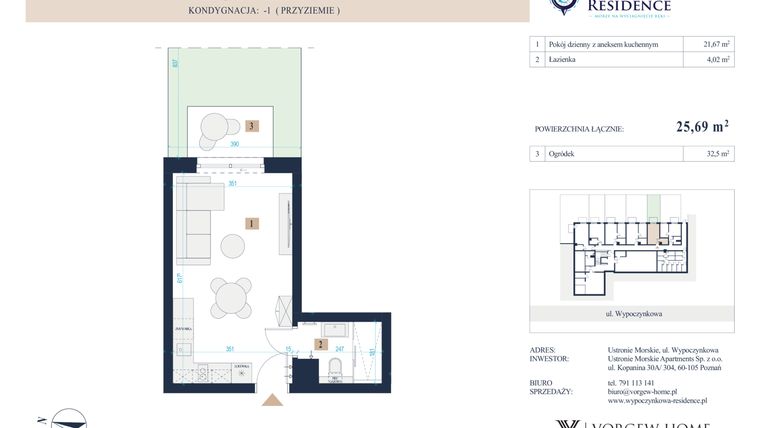 Rzut - Mieszkanie na sprzedaż 1 pokój o powierzchni 25,69 m² - numer 5 w Wypoczynkowa Residence - apartamenty inwestycyjne
