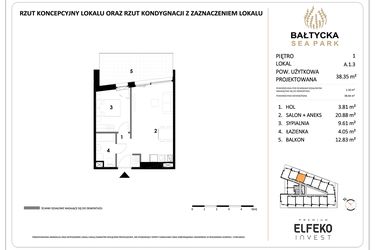 Rzut - Mieszkanie na sprzedaż 2 pokoje o powierzchni 38,35 m² - numer A.1.3 w Bałtycka Sea Park