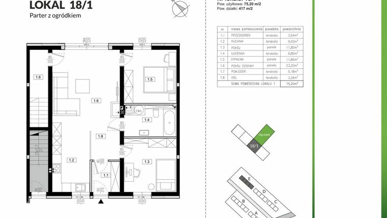 Rzut - Mieszkanie na sprzedaż 3 pokoje o powierzchni 75,2 m² - numer 18/1 w Szczęśliwa Polana