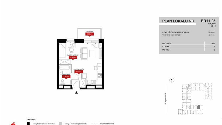 Rzut - Mieszkanie na sprzedaż 1 pokój o powierzchni 32,09 m² - numer BR11/25 w Browary Wrocławskie 2