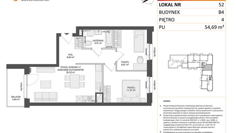 Rzut - Mieszkanie na sprzedaż 3 pokoje o powierzchni 54,53 m² - numer B4.52 w Osiedle Przy Błoniach 3 etap III
