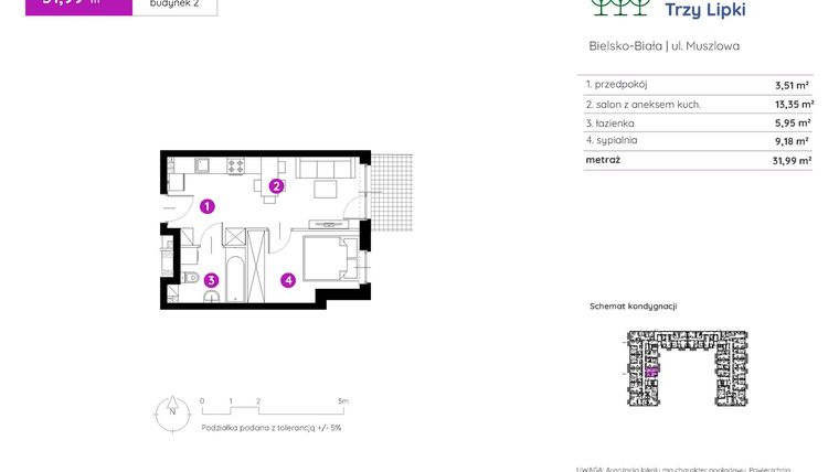 Rzut - Mieszkanie na sprzedaż 2 pokoje o powierzchni 31,99 m² - numer 2.A.0.12 w Murapol Trzy Lipki etap II