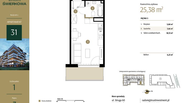 Rzut - Mieszkanie na sprzedaż 1 pokój o powierzchni 25,38 m² - numer M.31 w Rezydencja Świerkowa - etap II
