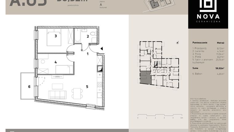 Rzut - Mieszkanie na sprzedaż 3 pokoje o powierzchni 56,92 m² - numer A5 w Nova Ceramiczna