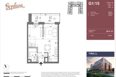 Rzut - Mieszkanie na sprzedaż 1 pokój o powierzchni 39,41 m² - numer G1/15 w Goplana budynek G