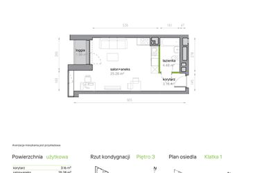 Rzut - Mieszkanie na sprzedaż 1 pokój o powierzchni 32,92 m² - numer K1/3/23 w Piękna Vita