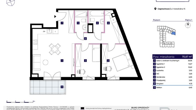 Rzut - Mieszkanie na sprzedaż 3 pokoje o powierzchni 70,87 m² - numer 15/6 w Osiedle Neonowe