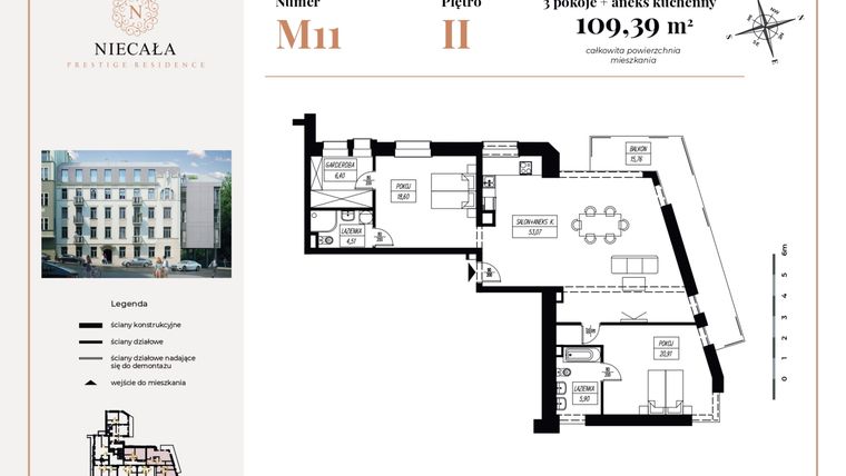 Rzut - Mieszkanie na sprzedaż 3 pokoje o powierzchni 109,38 m² - numer 11 w Niecała Prestige Residence