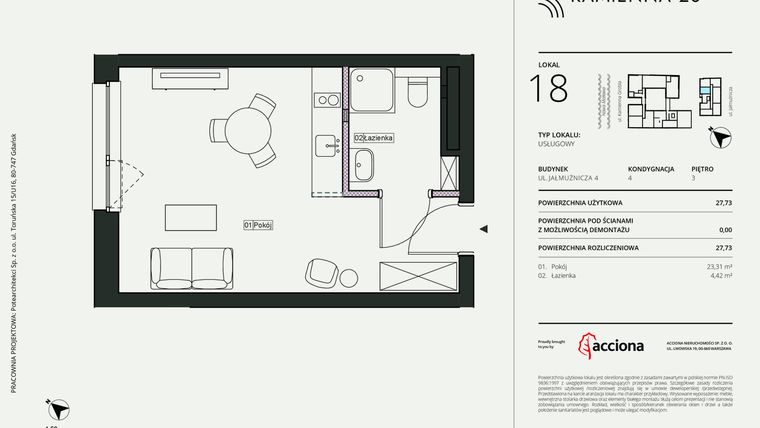 Rzut - Mieszkanie na sprzedaż 1 pokój o powierzchni 27,73 m² - numer 4.18 w Kamienna 28 - apartamenty inwestycyjne