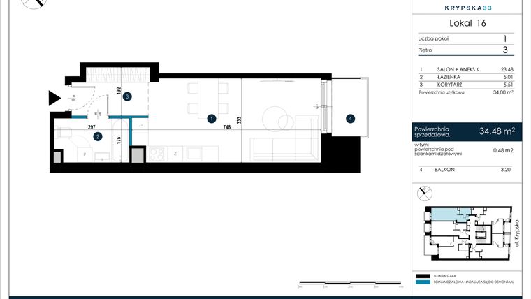 Rzut - Mieszkanie na sprzedaż 1 pokój o powierzchni 34,48 m² - numer M16 w Krypska 33