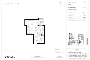 Rzut - Mieszkanie na sprzedaż 1 pokój o powierzchni 32,13 m² - numer A/3/01 w Wielka 16