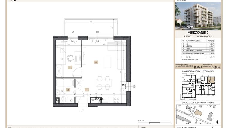 Rzut - Mieszkanie na sprzedaż 2 pokoje o powierzchni 36,95 m² - numer M2 w Nova Leszczyńska
