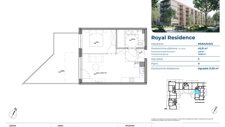 Rzut - Mieszkanie na sprzedaż 2 pokoje o powierzchni 42,67 m² - numer RR/6A/D/0/5 w Royal Residence 6A