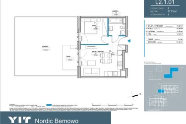 Rzut - Mieszkanie na sprzedaż 2 pokoje o powierzchni 37,7 m² - numer L2.1.01 w Nordic Bemowo - etap III