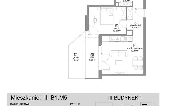 Rzut - Mieszkanie na sprzedaż 2 pokoje o powierzchni 49 m² - numer III-B1.M5 w Strefa Cegielnia 3