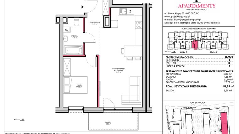 Rzut - Mieszkanie na sprzedaż 2 pokoje o powierzchni 51,25 m² - numer B.70 w Apartamenty Grójeckie Ogrody
