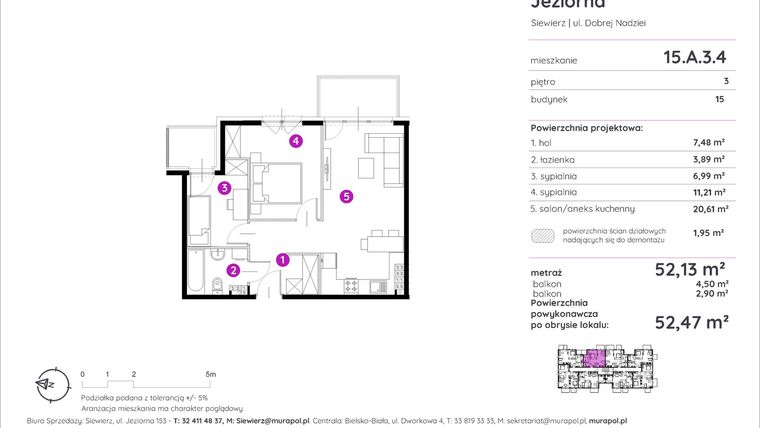 Rzut - Mieszkanie na sprzedaż 3 pokoje o powierzchni 52,47 m² - numer 15.A.3.4 w Murapol Siewierz Jeziorna