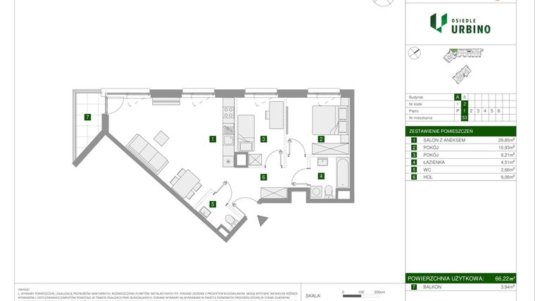 Rzut - Mieszkanie na sprzedaż 3 pokoje o powierzchni 66,22 m² - numer 2.1.A.53 w Osiedle Urbino etap II