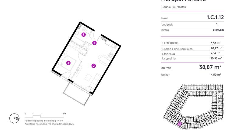 Rzut - Mieszkanie na sprzedaż 2 pokoje o powierzchni 38,87 m² - numer 1.C.1.12 w Murapol Portovo etap II